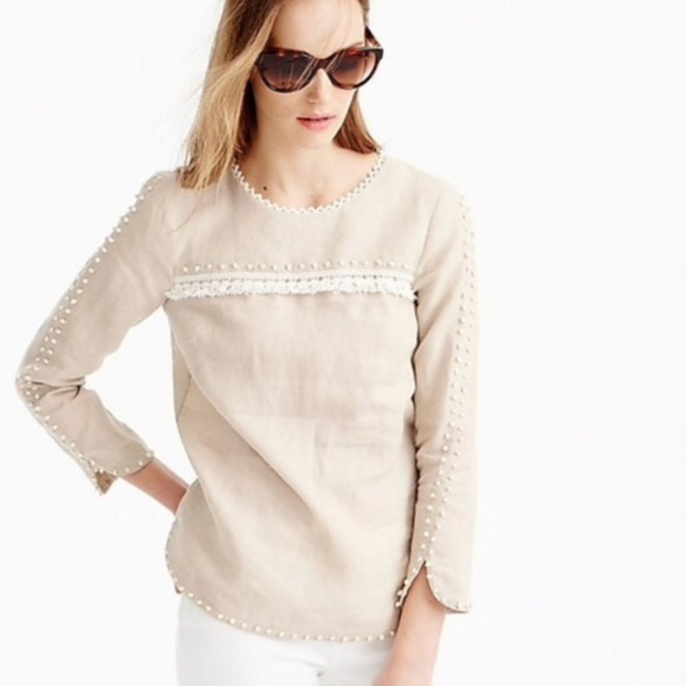 J. Crew White Linen Pom Pom Blouse